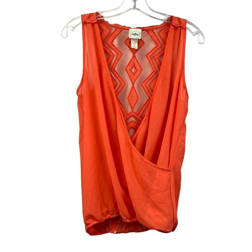 Daytrip Womenβs Sleeveless Surplice Sheer Orange Blouse Back Detail Small